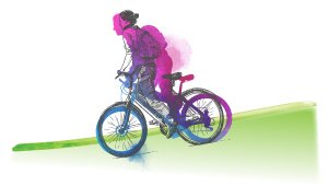 illustrated watercolor of girl biking with backpack. purple and blue figure on green ground shaped like hill