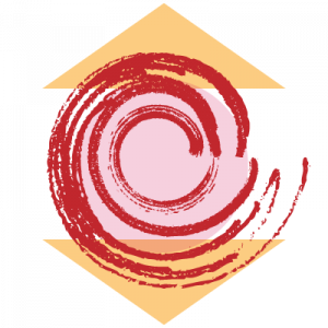 stylized joint pain - pink circle between two peach, mirrored triangles, with a red, painterly swirl on top