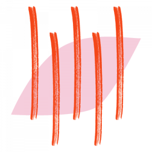 Stylized symbol for muscle pain - pink oval with pointed ends and red lines running vertically through it