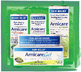 Arnicare Gel, Bruise, Ointment and Cream on a green watercolor background