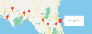 Map of part of Florida with red pins on Carol's stops for the first week, starting in St. Augustine.