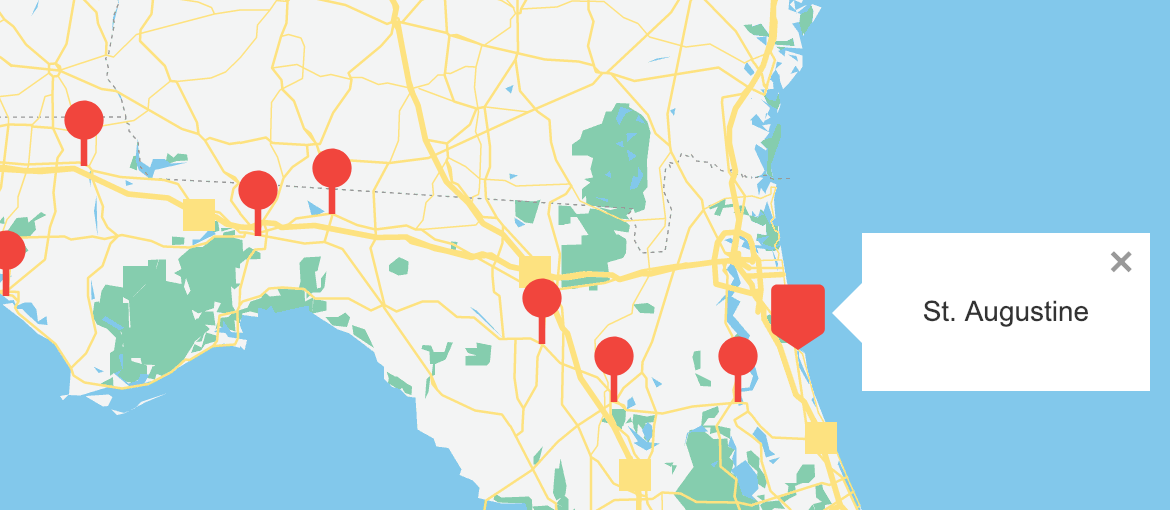 Map of part of Florida with red pins on Carol's stops for the first week, starting in St. Augustine.