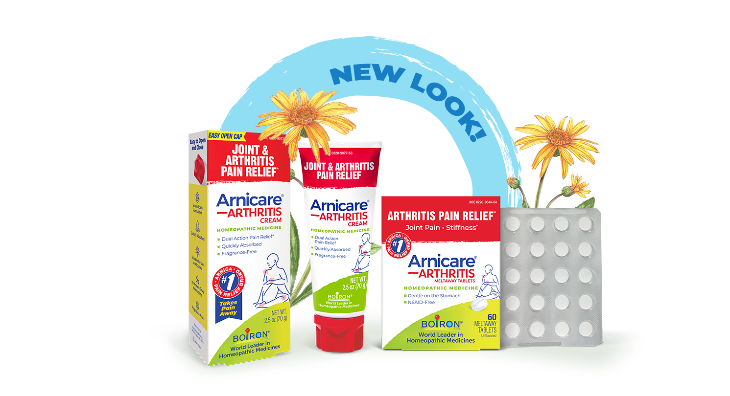 Arnicare arthritis relief products: cream tubes and a blister pack with a blue 'NEW LOOK' arc and sunflowers in the background (informational ad).