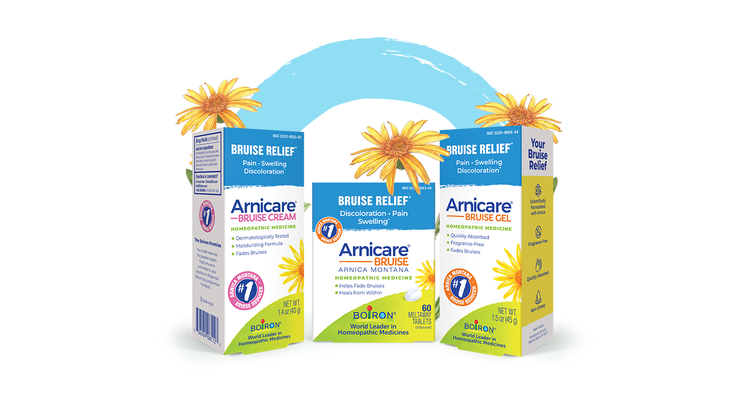 Assorted Arnicare Bruise Relief topical products on a blue background with yellow flowers for branding and healing theme (cream, gel, and pills).